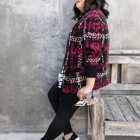 LuLaRoe NWOT Peyton Cardigan Red Plaid Faux Mohair Large - Picture 5 of 7